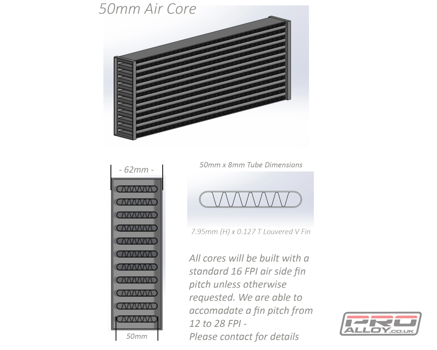 Air Intercooler Core 50mm Deep | 206mm Stack Height - Core height Core - Pro Alloy